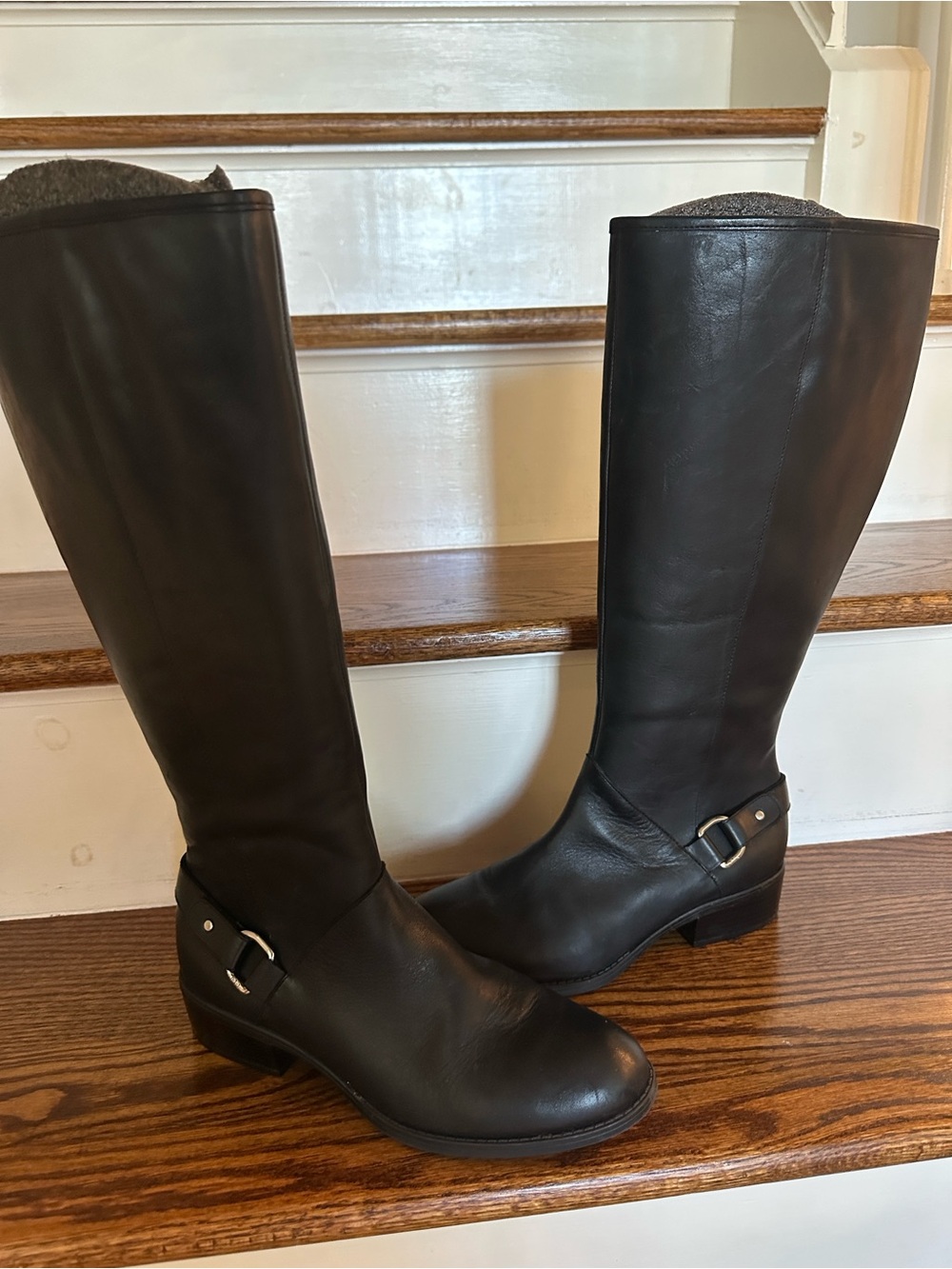 Lauren Ralph Lauren Black Leather Knee-High Riding Boots with Buckle Detail